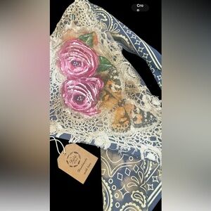 A Rare Bird Hand Painted, lace tea stained, bejeweled Detail  NWT